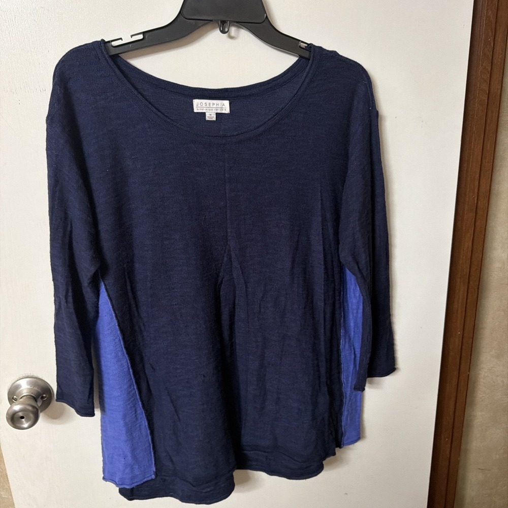 Joseph A. Womens Shirt Top Medium Blue Colorblock 3/4 Sleeve Cottonblend